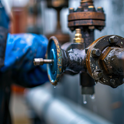 Technician performing a backflow prevention test at a municipal water plant.